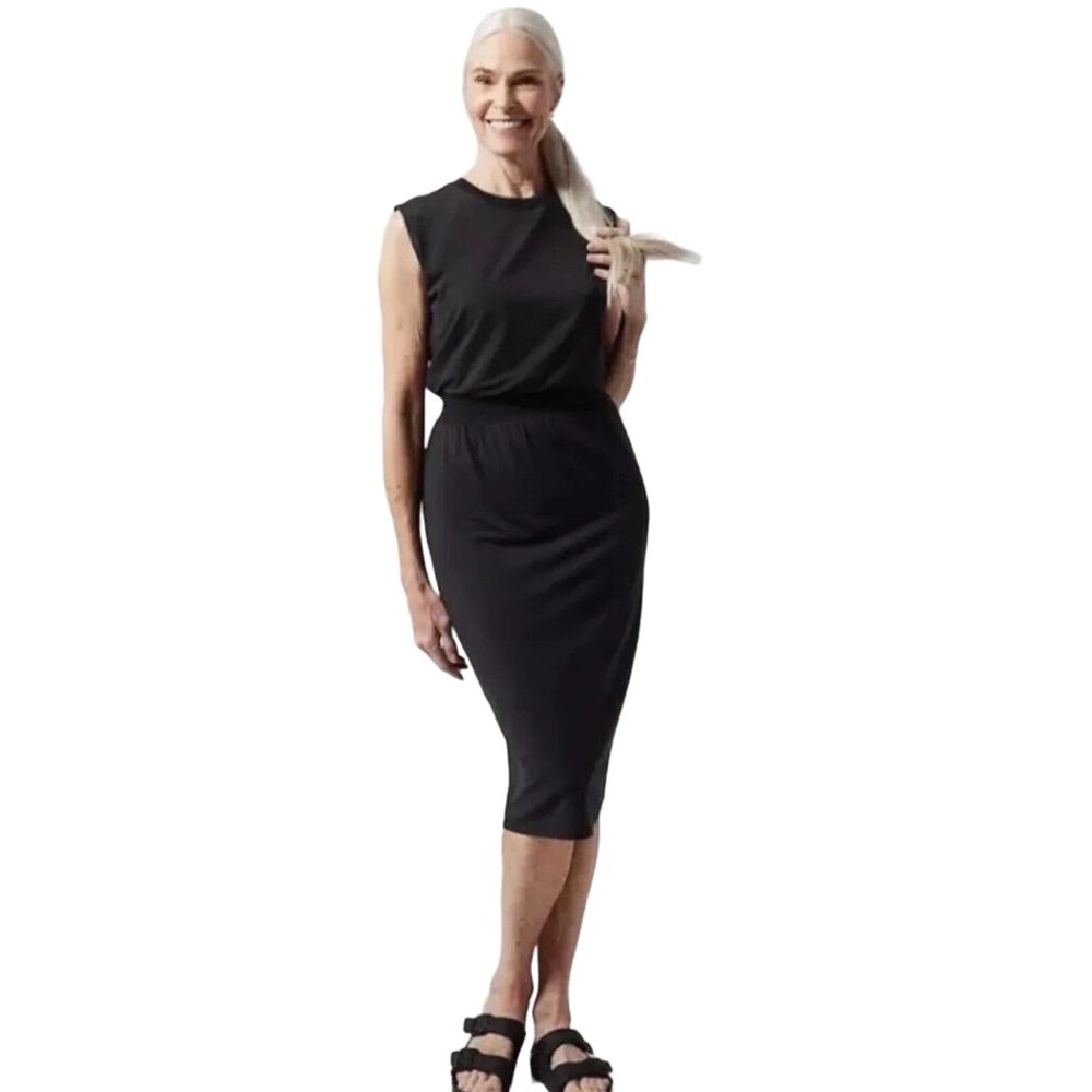 Athleta Santorini Cinch Dress Small Black Athleisure Casual Travel Midi